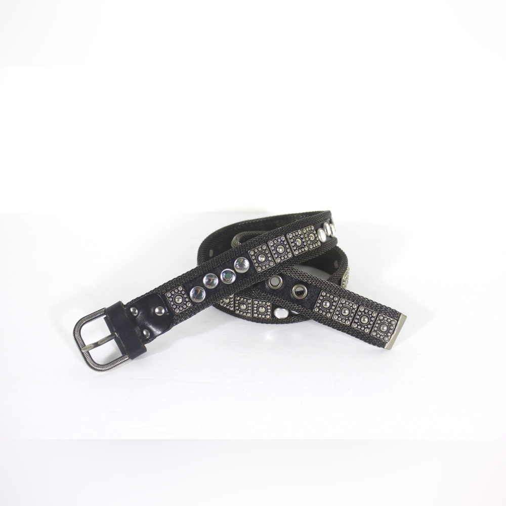 Mesh Metal Belt with Embellishments, Black Leather, Silver, Moto Biker Bling S M